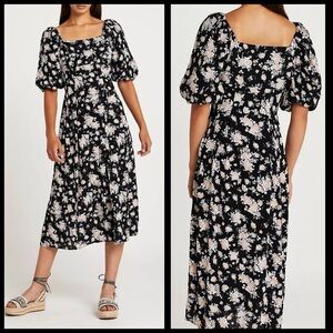 River Island Black Floral Puff Sleeve Maxi Dress,Square Neck Cottagecore Size 10